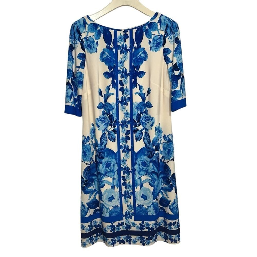 Eliza J Floral Sheath Dress size 6 Blue White Elbow Sleeve Resort Cruise Party